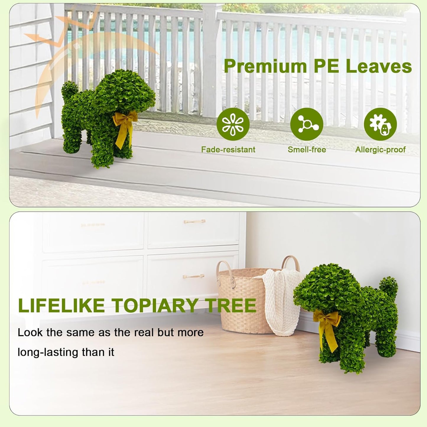 2 Pcs Artificial Bunny Shaped Topiary Trees, Artificial Green Boxwood Bunny Decorations with Gold Bow, Perfect for Indoor & Outdoor Front Porch, Easter& Garden Decor (Boxwood Dog Tree)