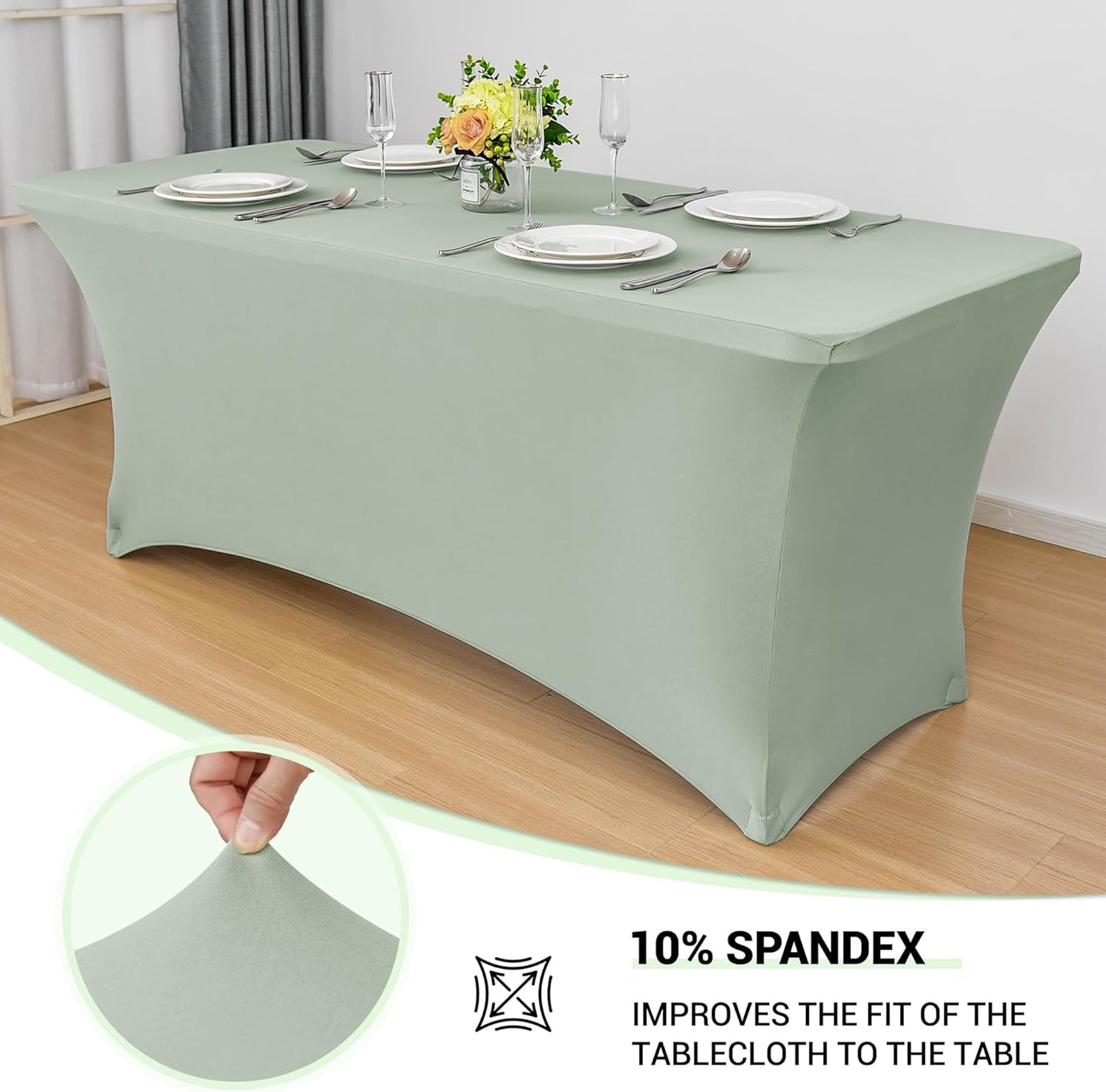 Obstal 2PC Sage Green Tablecloth - 8ft Rectangle Spandex Table Cover for Party, Events, Banquets & Weddings, Machine Washble