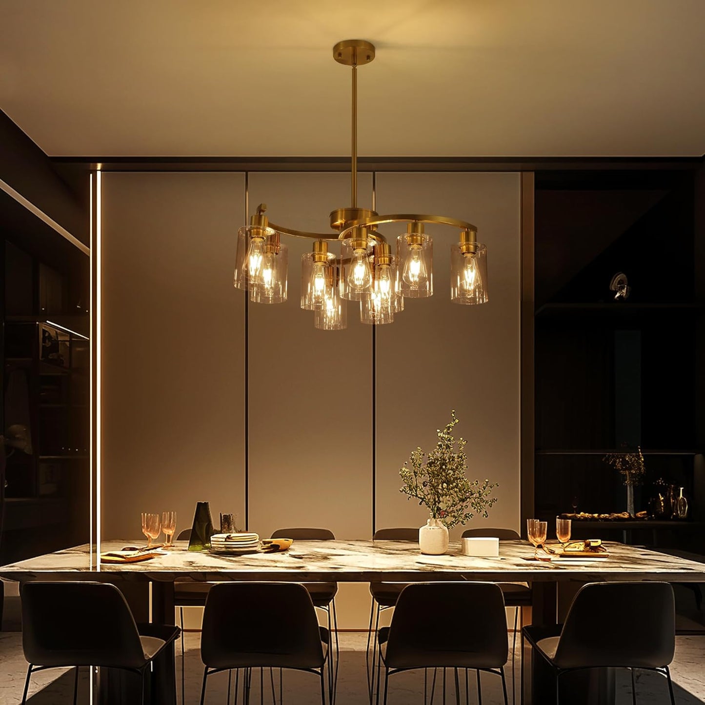 9-Light Gold Glass Chandelier, Adjustable Height Dining Room Light Fixtures Over Table, Contemporary Hanging Chandelier for Kitchen Island Living Room Foyer Office, Clear Glass Shade