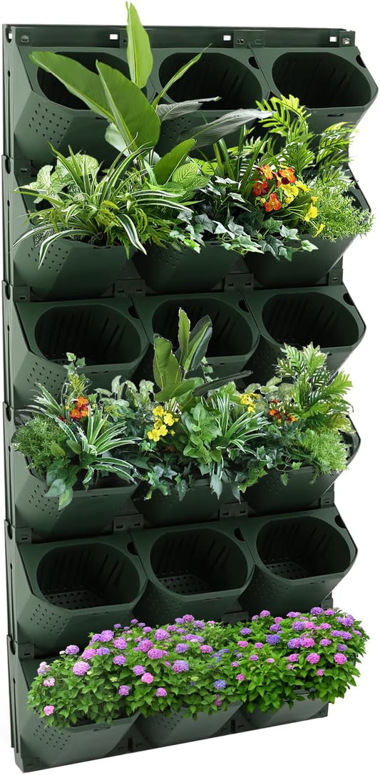12Pieces 3-Pot Wall Planter Vertical Garden Plant Walls Wall Mounted Vertical Planter with Water-Storage Layer Stackable Wall-Mounted Flower Pot for Gardens, Balconies 180.78lbs Total Capacity (Green)