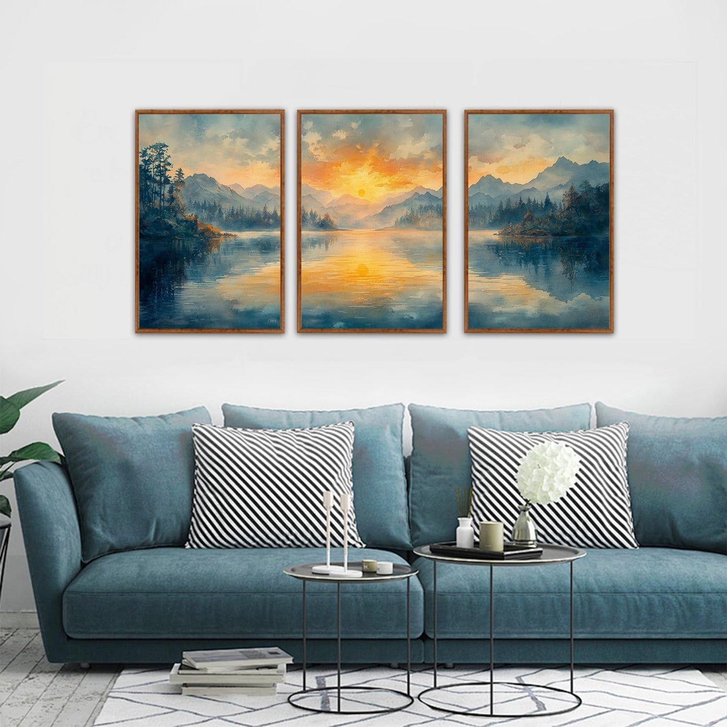 KAlRNE Sunset Mountain Canvas Wall Art,Abstract Scenery Wall Painting,Blue Landscape Lake Pictures,Watercolor Mountains Forests Art Prints For Living Room Bedroom Office Decoration - Framed 16X24 Inch