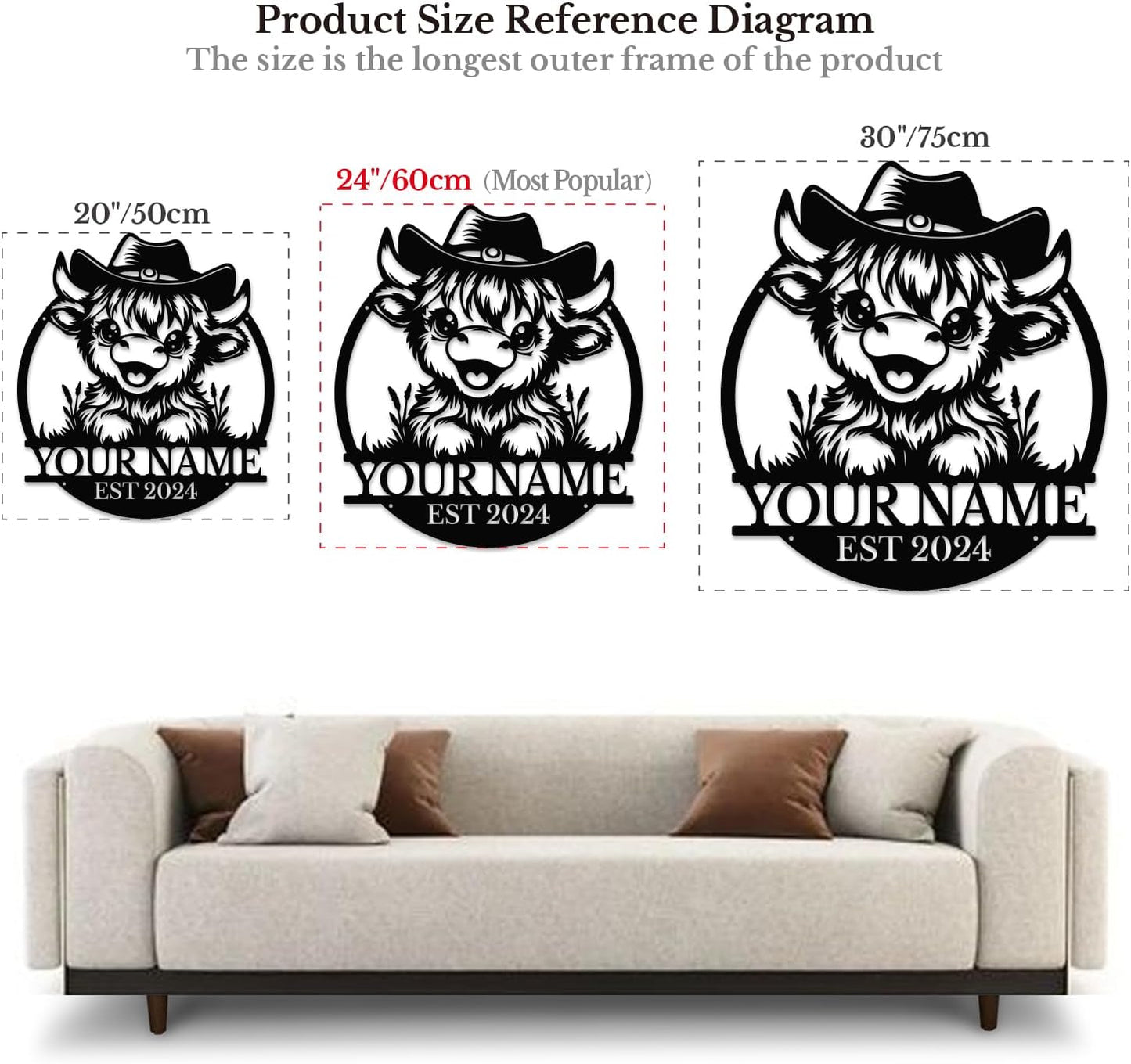 Personalized Highland Cow Name metal Signs,Custom Highland Cow Metal Shed Wall Decor,Black Metal Wall Art Plaques Outdoor wall Decorative Signage (Style A)