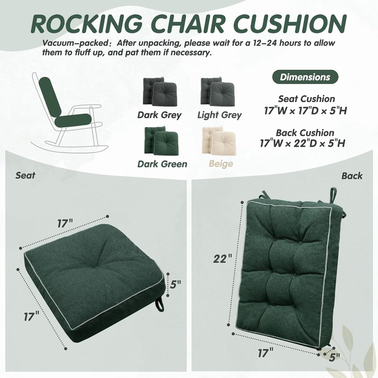 YZ HOME Rocking Chair Cushion, Set of Thicken Seat & Back Chair Cushions with Memory Foam, Non-Slip Chair Pad with Ties for for Indoor&Outdoor Rocker, Dark Green, 22x17x5/17x17x5
