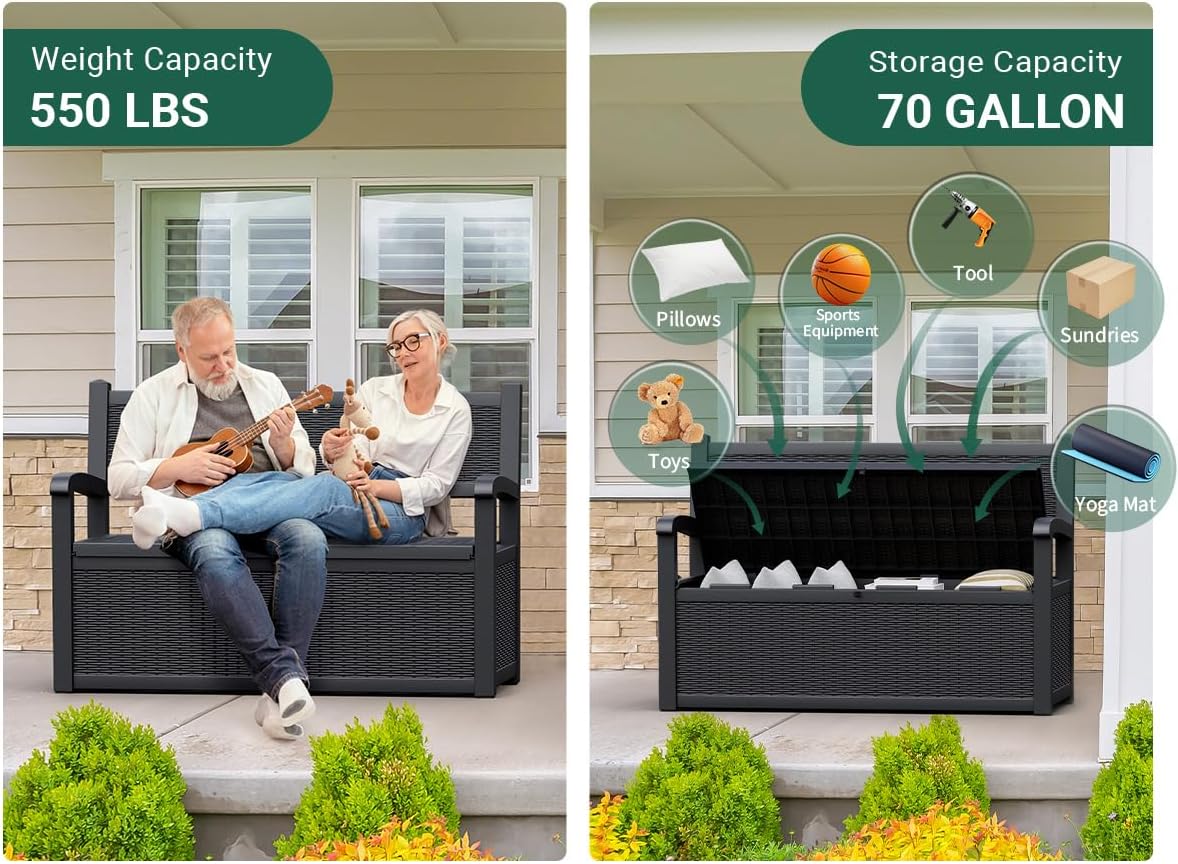 70 Gallon Outdoor Storage Box, Resin Patio Furniture with Armrest, Lockable Deck Box with Waterproof and UV Resistant for Patio Cushions, Garden Tools and Pool Supplies, Black