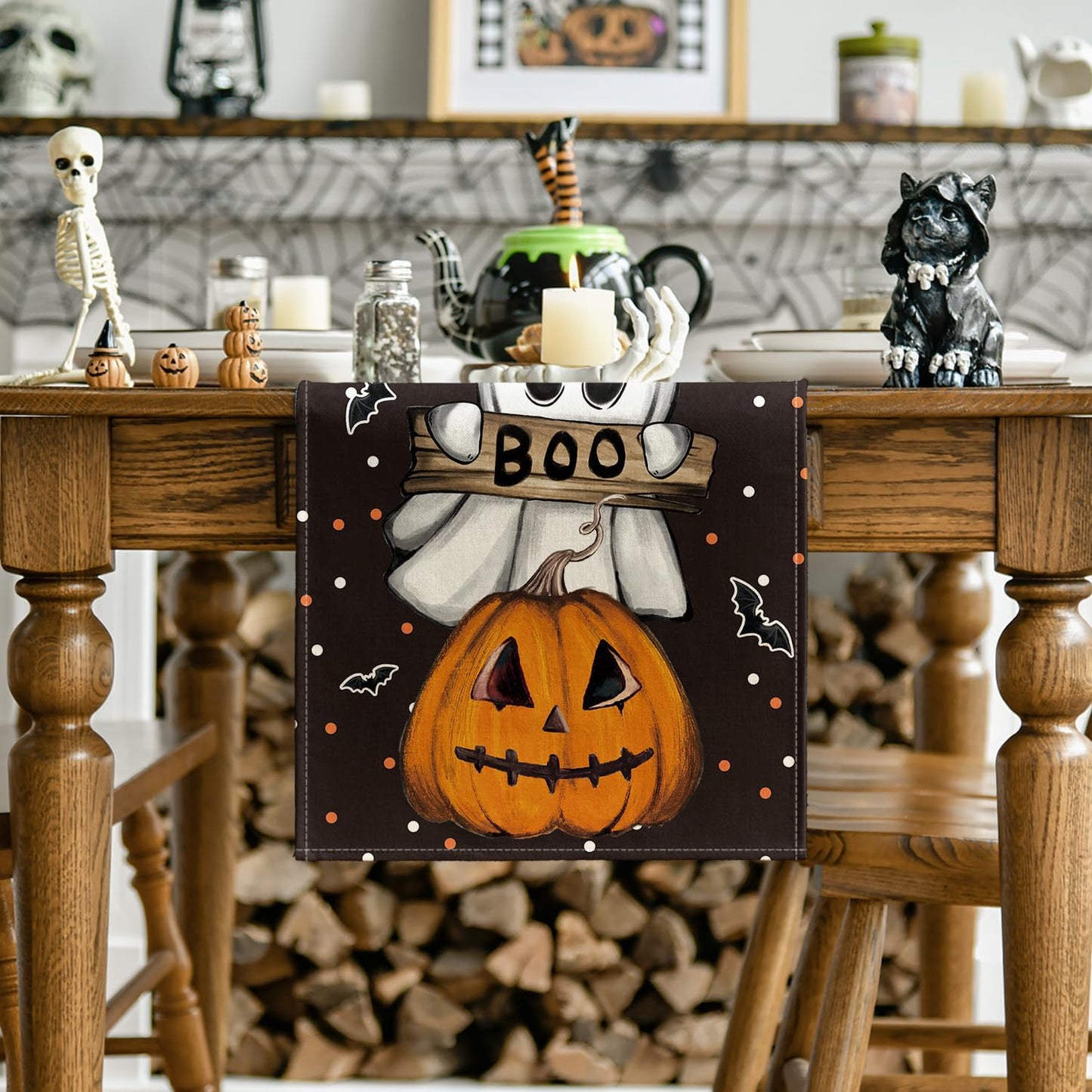 Artoid Mode Polka Dot Ghost Pumpkin Cat Boo 2PCS Halloween Table Runner, Bat Seasonal Fall Kitchen Dining Table Decoration Home Party Decor 13x72 Inch
