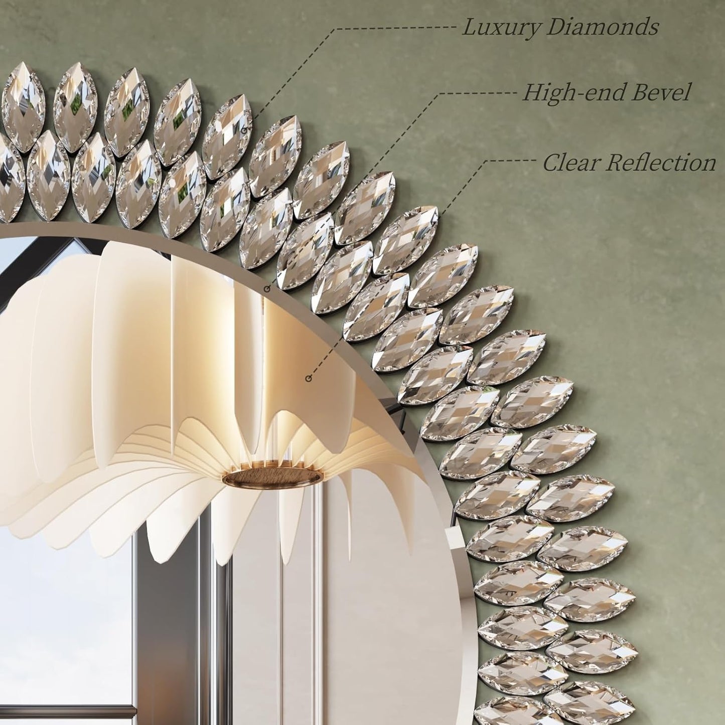 Kelly Miller Round Jeweled Mirror for Wall Decor, 32 in Modern Decorative Wall Mirror with Luxury Diamonds Beveled Vanity Mirror for Bedroom, Living Room, Bathroom, Hallway, Entryway, Fireplace