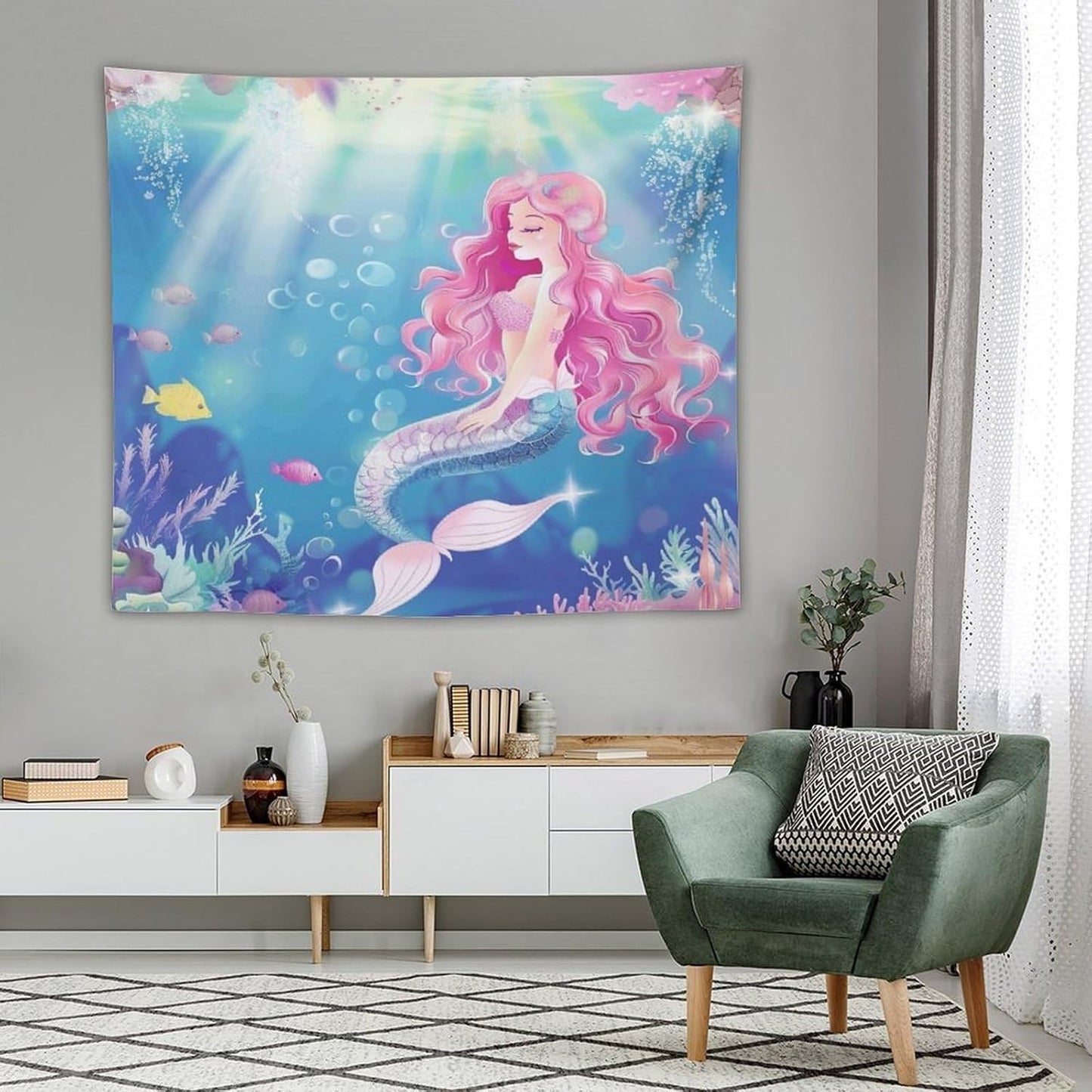 HZOHNAGO Mermaid Girls Tapestry Watercolor Mermaid Princess Pink Hair Pattern for Kids Room Decoration Printed Wall Tapestry Wall Hanging for Bedroom Living Room Dorm 60" W x 50" H
