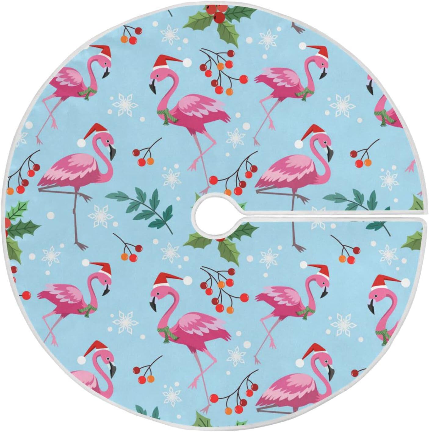 Christmas Flamingo Snowflake Tree Skirt, Seasonal Tree Mat Holiday Party Supplies Ornaments Indoor Outdoor Decorations for Tabletop Trees 47.2 Inches