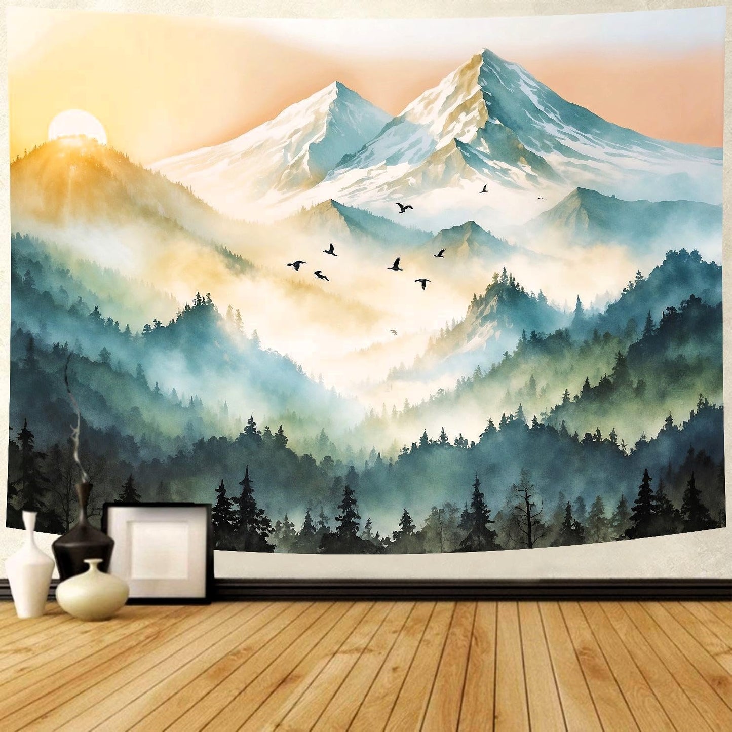 Delur Mountain Tapestry Boho Misty Sunset Forest Tree Tapestry Wall Hanging Sunrise Nature Landscape Psychedelic Headboard for Bedroom Living Room Home Decor (51.2" x 59.1")