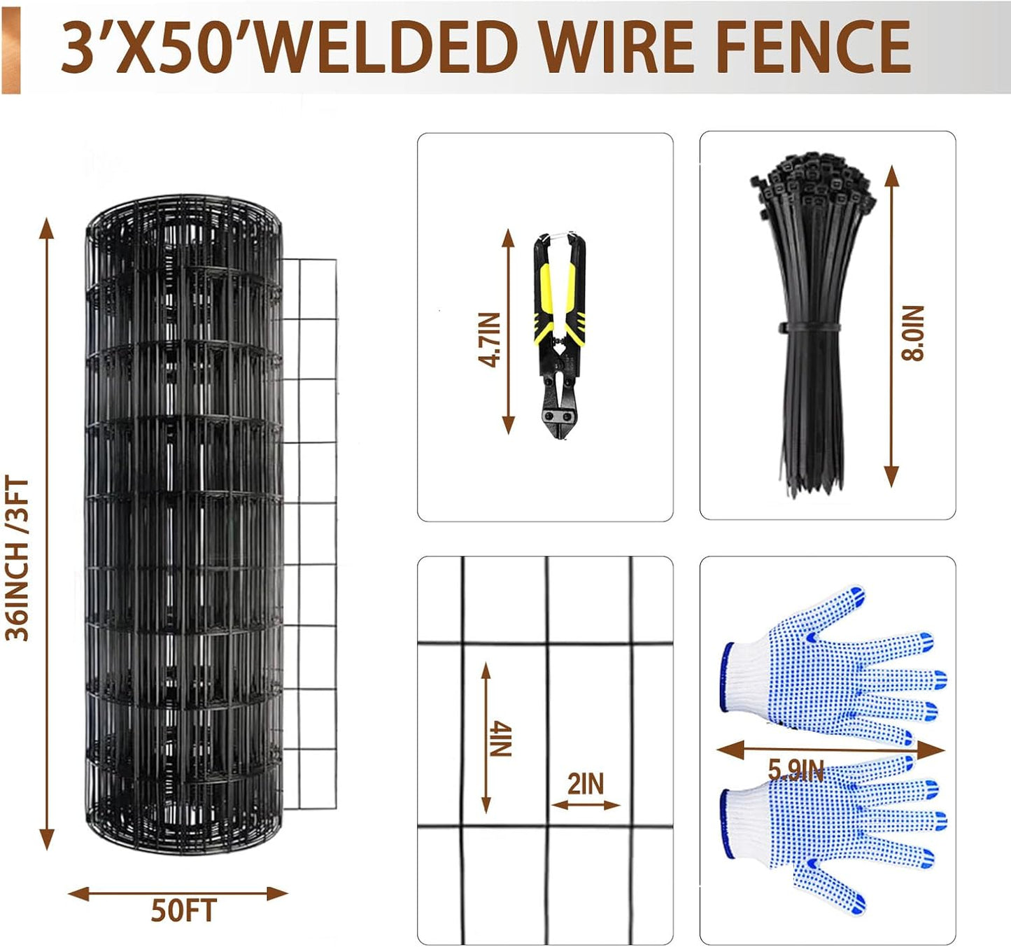 Tongmo 3 ft x 50 ft Black PVC Coated Welded Wire Fence, 16GA Garden Chicken Wire Fence Roll, Mesh Size 2" x 4" Hardware Cloth, Ideal for Yard Protection and Poultry Netting