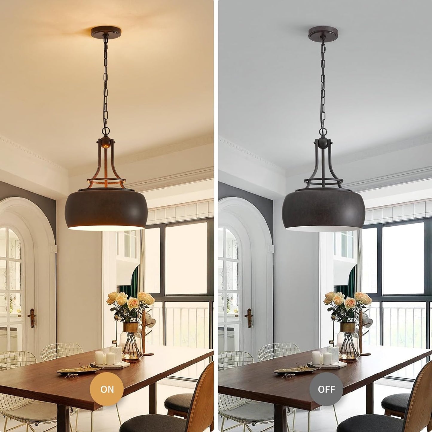 WUZUPS Chandelier Rustic Farmhouse Industrial Round Ceiling Pendant LED Light Fixture with Open Bottom Drum Shade, H 15.7" x W 13.4", Distressed Rust