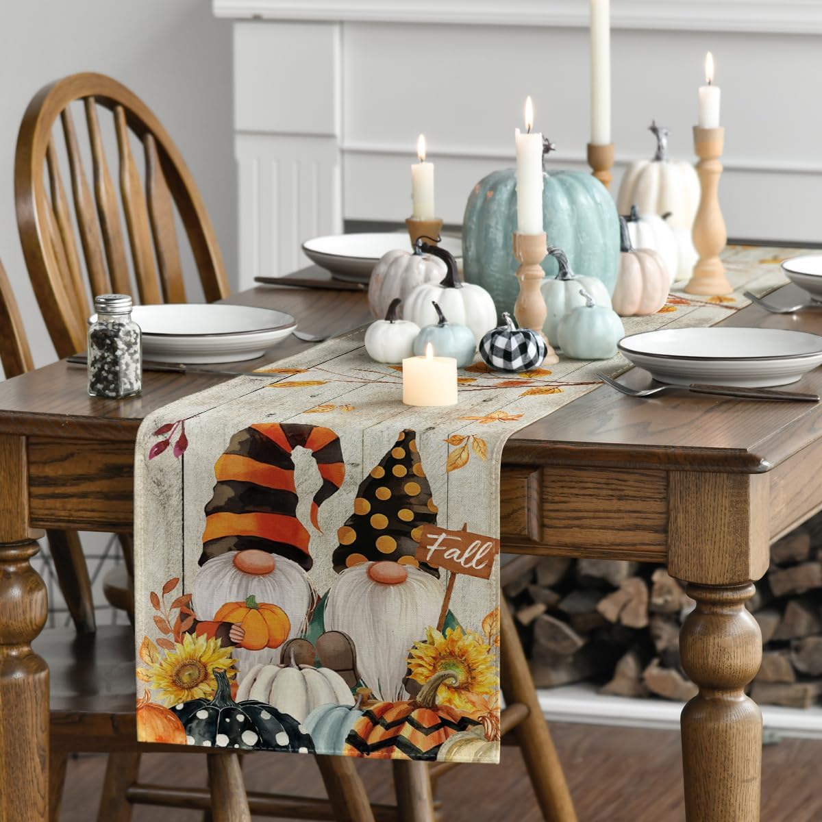 Artoid Mode Wood Gnomes Pumpkins Sunflower Maple Leaves Fall Table Runner, Kitchen Dining Table Decoration for Home Party Decor 13 x 120 Inch