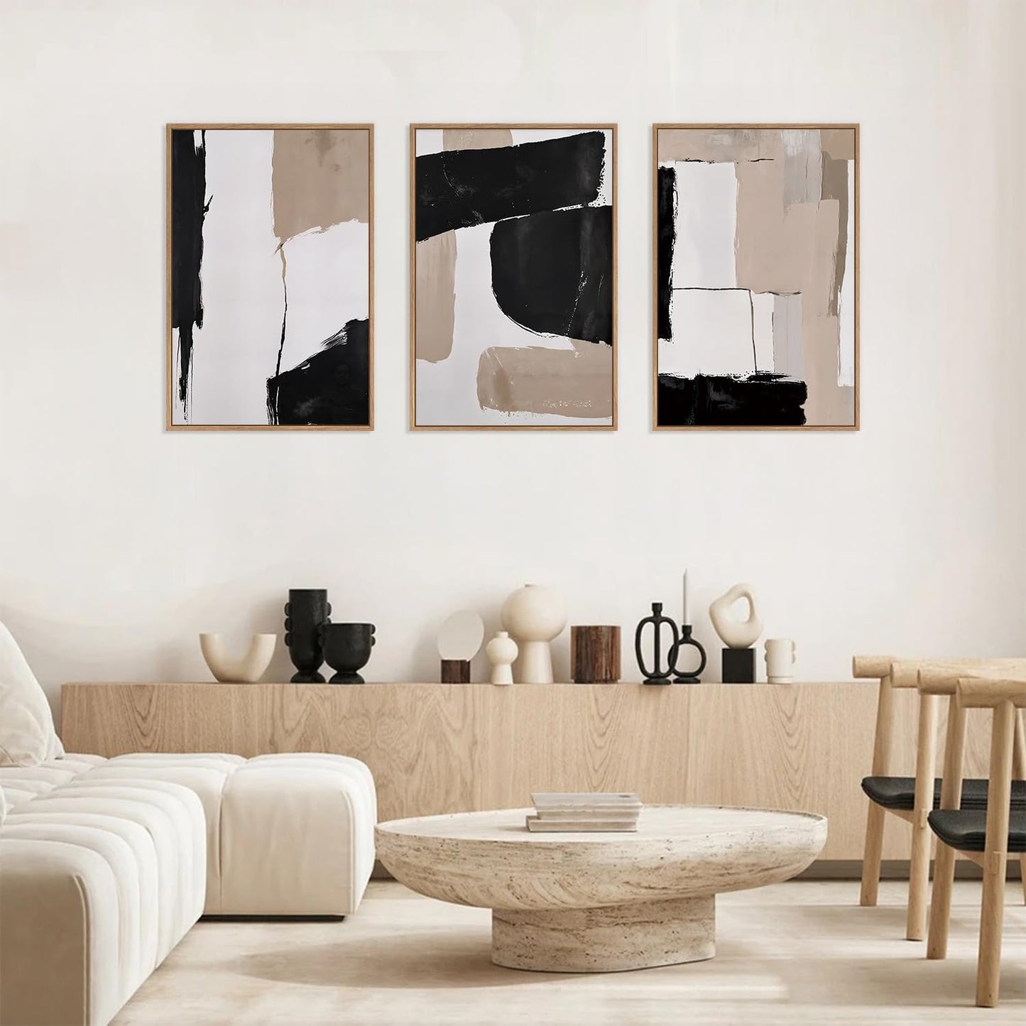 HLNIUC Large Framed Neutral Abstract Canvas Wall Art,Black and White Abstract Wall Decor Set of 3(16”X24”)Modern Minimalist Color Block Art Print,Beige Mid Century Wall Painting for Living Room,Office