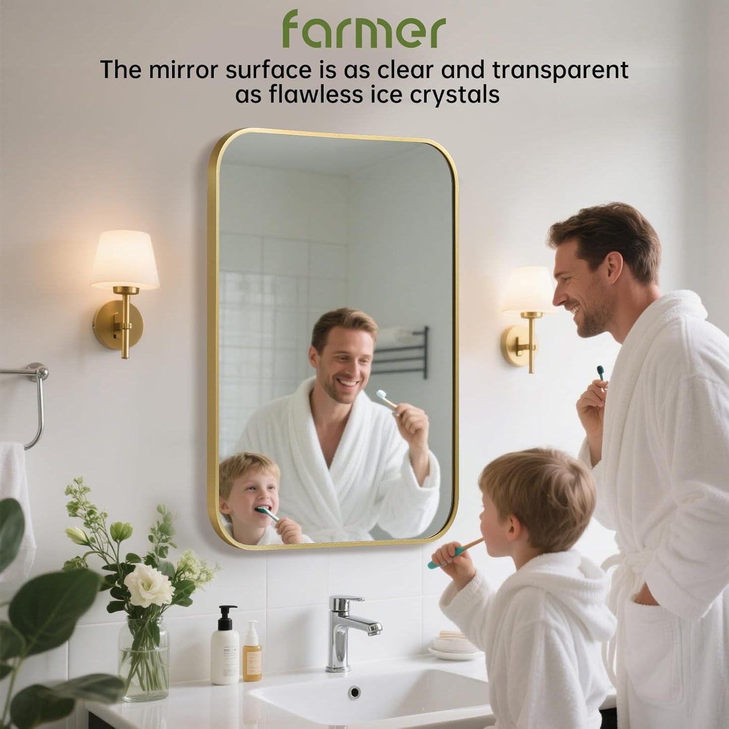 FARMER 30x36 Inch Gold Bathroom Mirror, Rectangle Vanity Mirror, Brushed Mirrors for Wall, Metal Frame Hanging Mirror with Round Corner for Bedrooms, Entryways, Living Rooms, Horizontal/Vertical