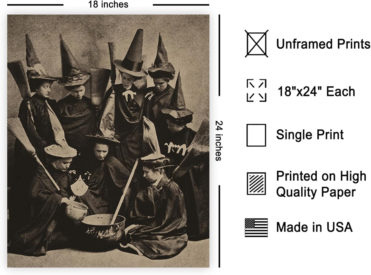 Poster Master Vintage Photograph Poster - Retro Halloween Print - Gift for Artist, Friend - Witches Cooking, Pointy Hats, Broomsticks, Black Magic - Wall Decor for Bedroom, 18x24 Unframed Wall Art