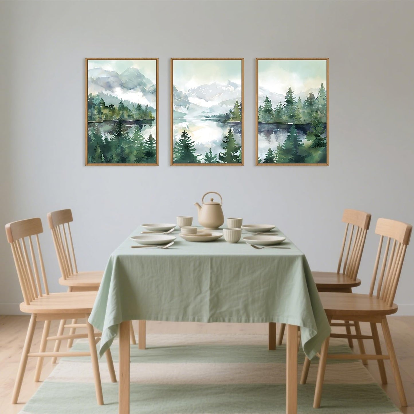 Watercolor Mountain Framed Canvas Wall Art Set, Boho Forest Wall Decor, Nature Green Pines Wall Painting, Forest Wilderness Artwork for Living Room, Bedroom, Dining Room, Office - 16"x24"x3