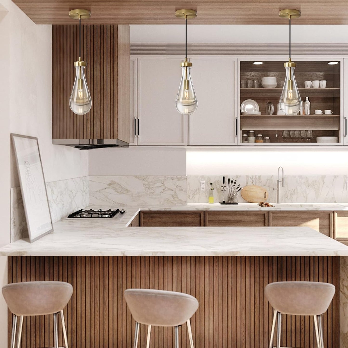 Raindrop Pendant Lights Set of 2, Brass Pendant Lights Kitchen Island, Gold Island Light for Kitchen Dining Room Light Fixture, Chandelier for Living Room Bedroom Bathroom, Bulb Included