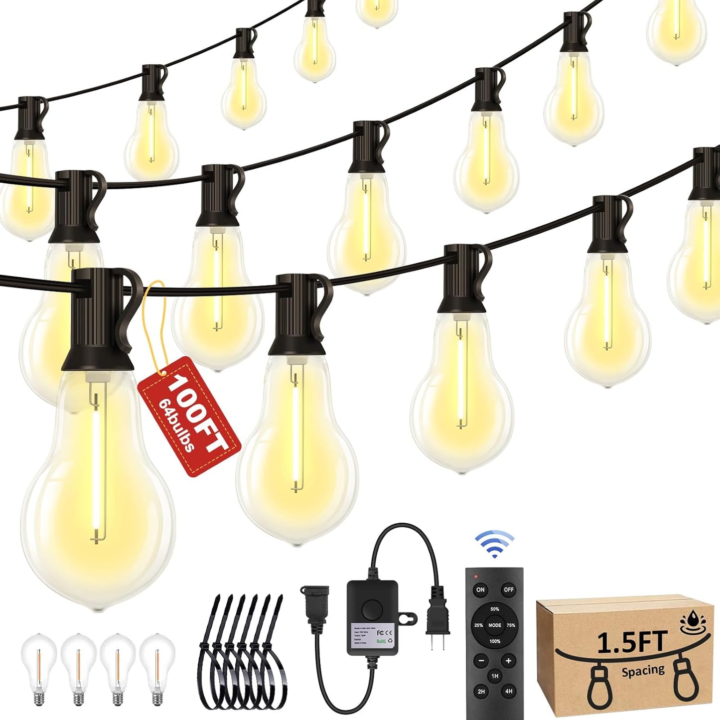 100FT Outdoor String Lights Waterproof with 64+4 Bulbs (1.5FT Bulbs Spacing), Remote & Dimmer, Commercial Patio String Lights with 3 Mode Light & Timing, 100PC Mounting Ties for Outside