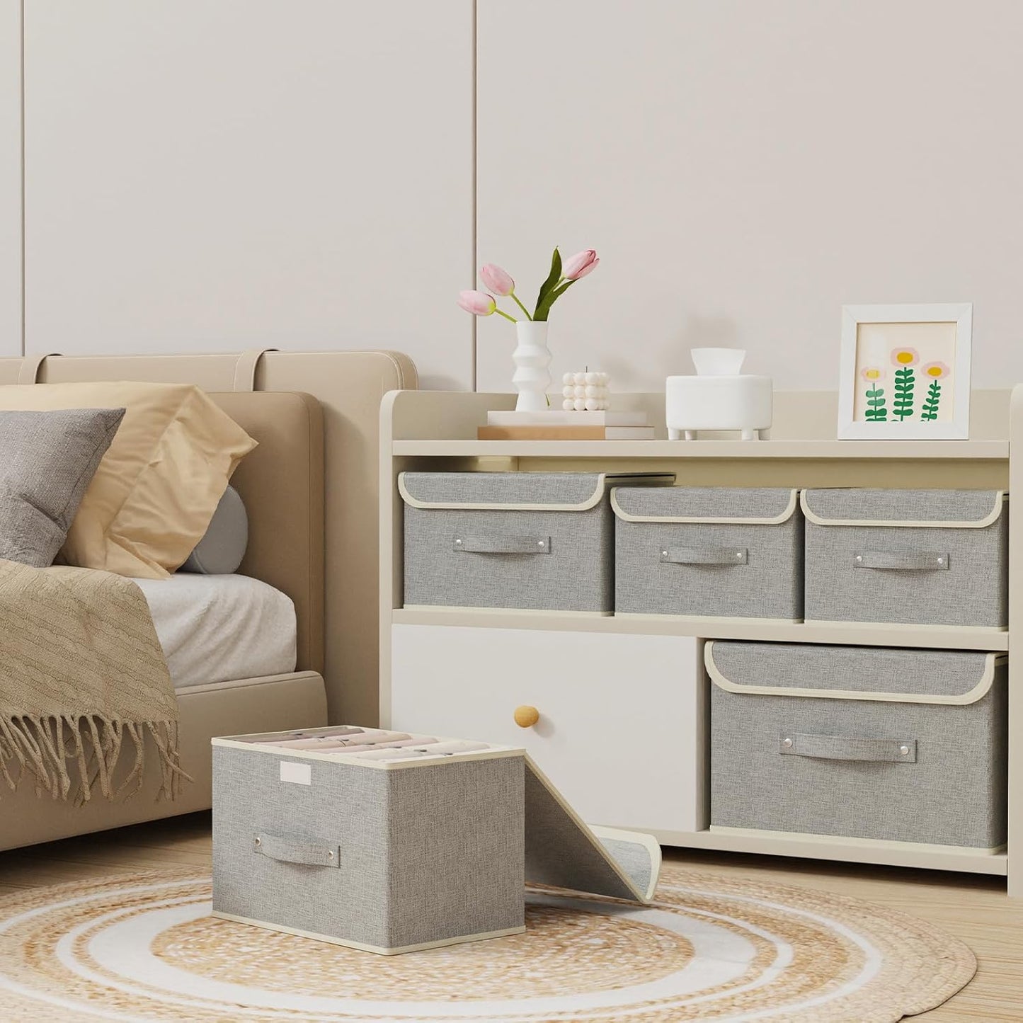 Storage Boxes, Collapsible Storage Bins with Lids, Cotton and linen cloth Storage Baskets with Handle, for Books, Closet, Bedroom, Home, 15x9.8x9.8 in, Grey