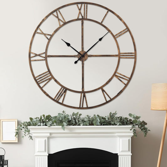 Large Wall Clock for Living Room Decor – 48 Inch Silent Non-Ticking Modern Farmhouse Wall Clock, Oversized Decorative Metal Roman Numeral Clock, Bronze