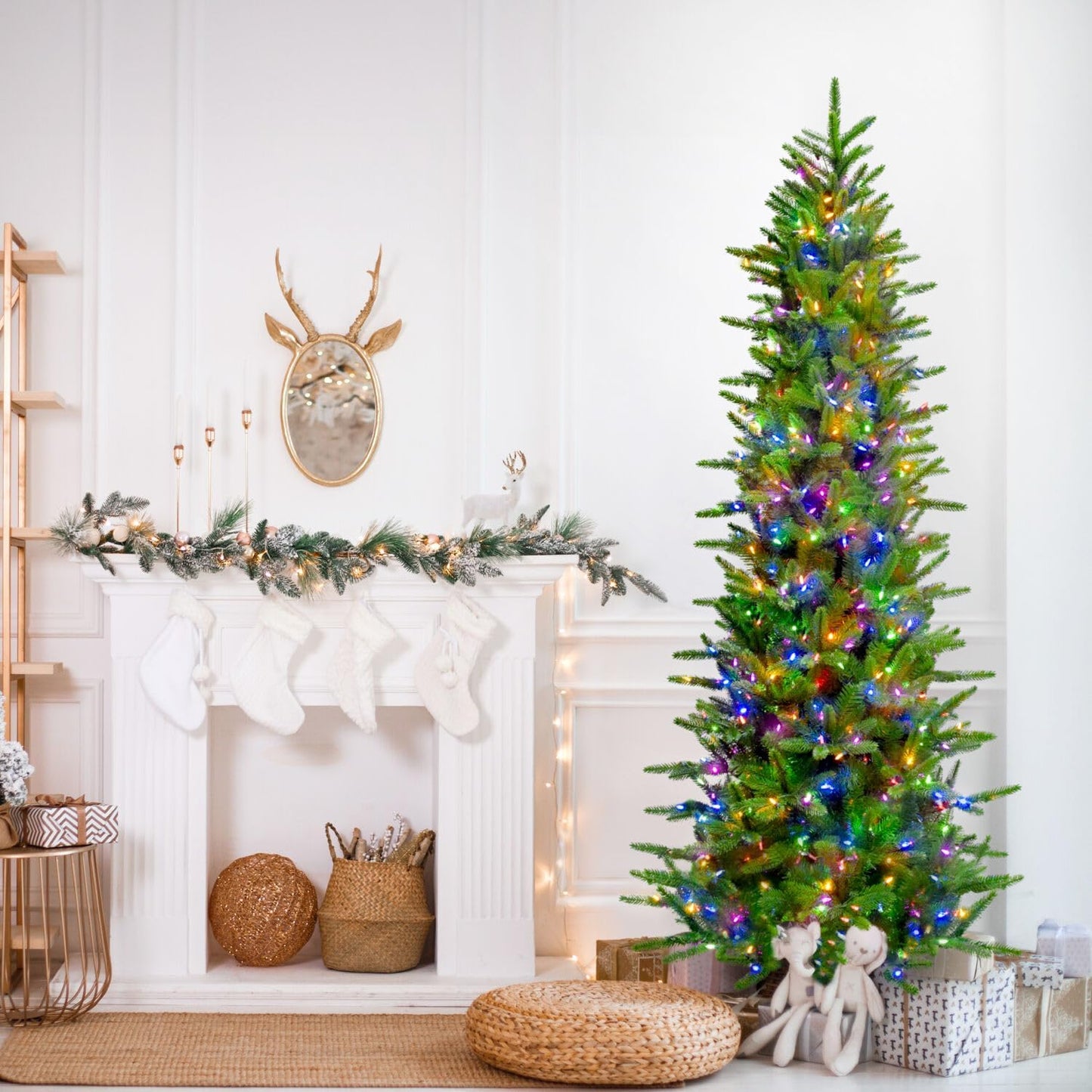 Fraser Hill Farm 9-Ft. Carmel Pine Slim Artificial Christmas Tree with Dual Multicolor & Warm White LED Lights and Stand, Prelit Foldable Fake Tree with Realistic Foliage for Home Decoration