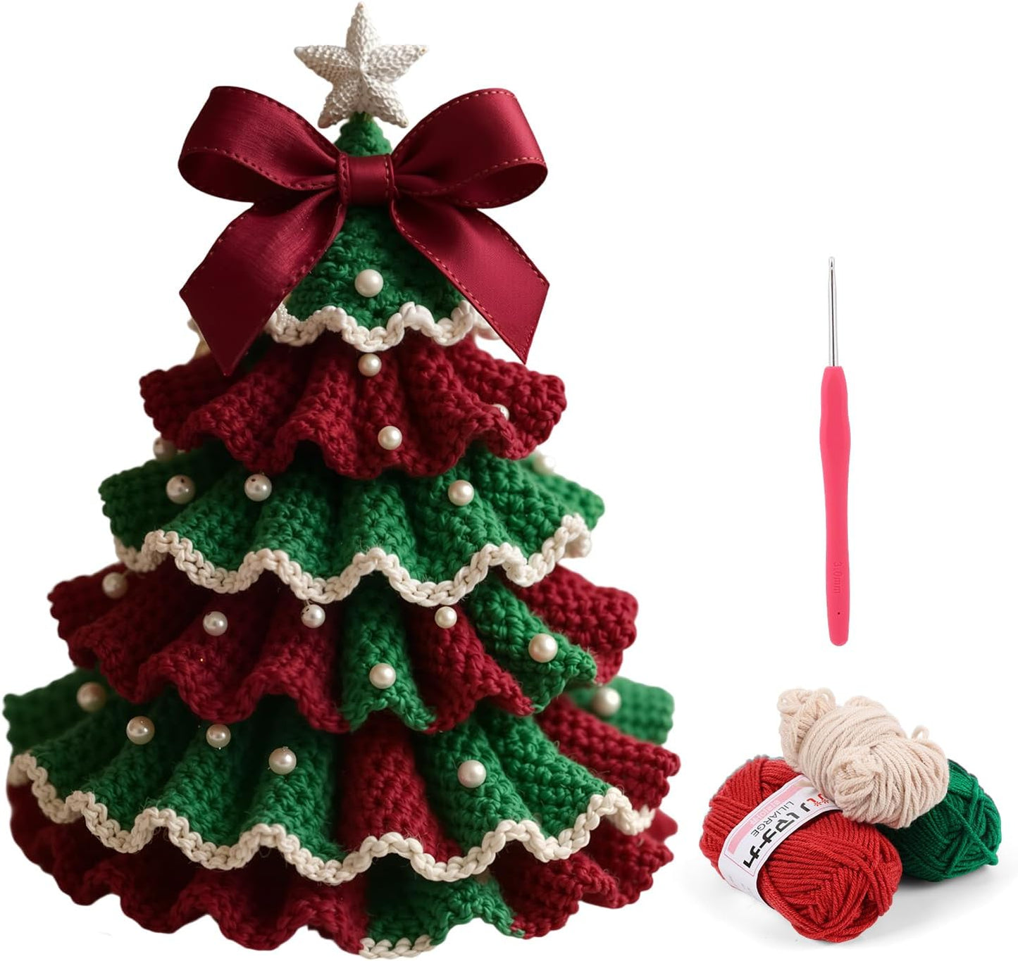 SHANGFEI DIY Crochet Christmas Tree Kit,Handmade Crochet Christmas Tree,Tree Bow Pearl Embellishment,Beginner Christmas Crochet Kit,Christmas Craft Kit(Red+Green)