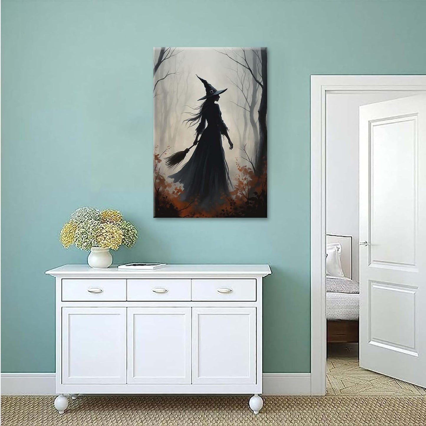 Vintage forest witch silhouette poster Halloween mural poster decoration mural art magic suitable for home living room bedroom28x40in Wood Framed