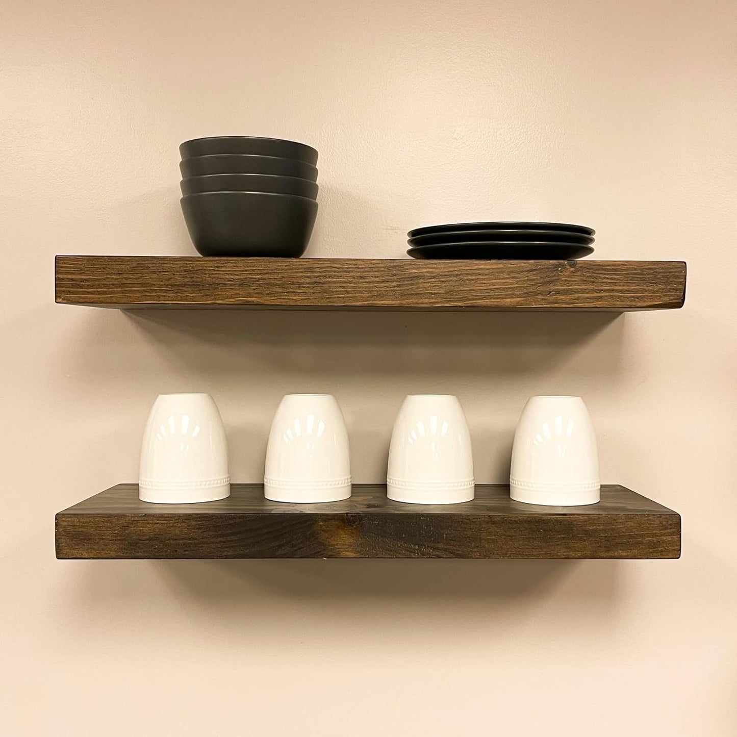 URBANDI, Rustic Floating Shelves, Set of 2, Hidden Bracket, Solid Wood, Heavy Duty, Wall Mounted Shelves, (Dark Brown, 36Wx6D)