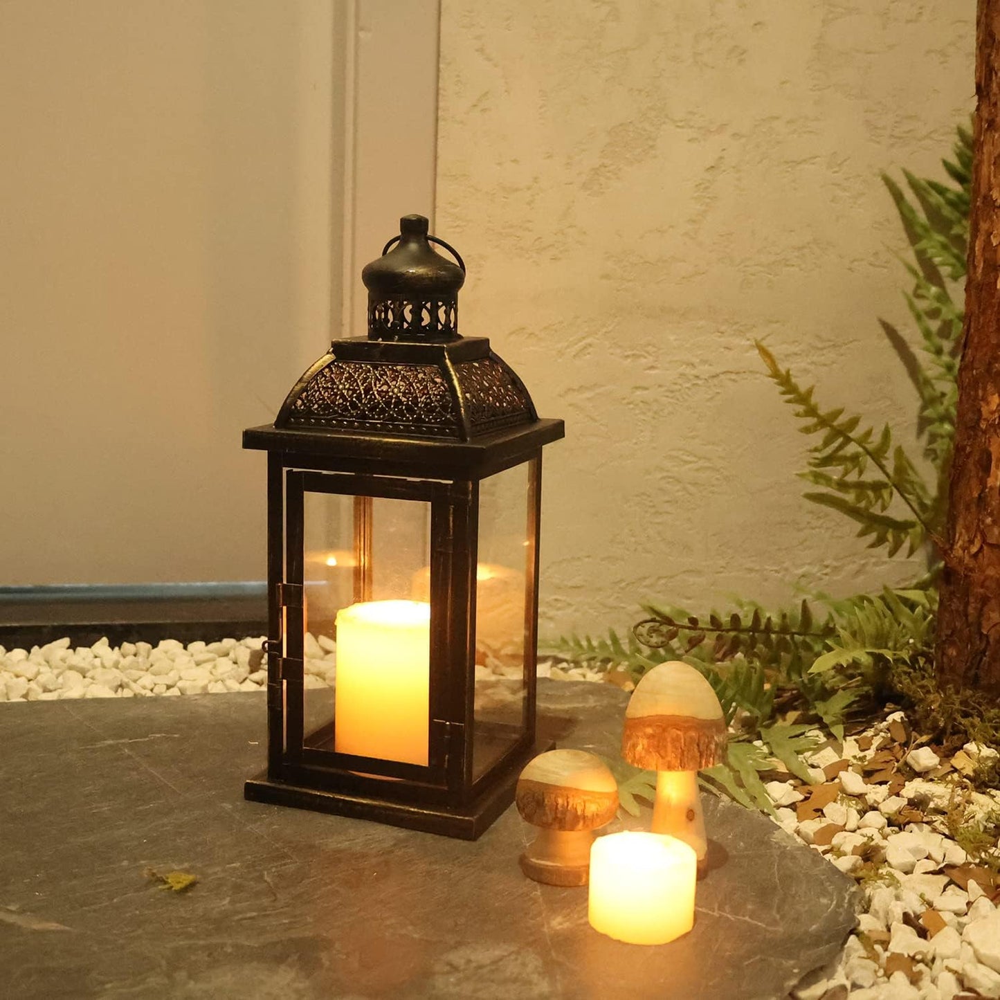 DECORKEY Lanterns Decorative Indoor&Outdoor, 14.4'' Large Black Square Hanging Lanterns, Vintage Metal Candle Holder for Outdoor Patio Front Door Porch Wedding Party Decor