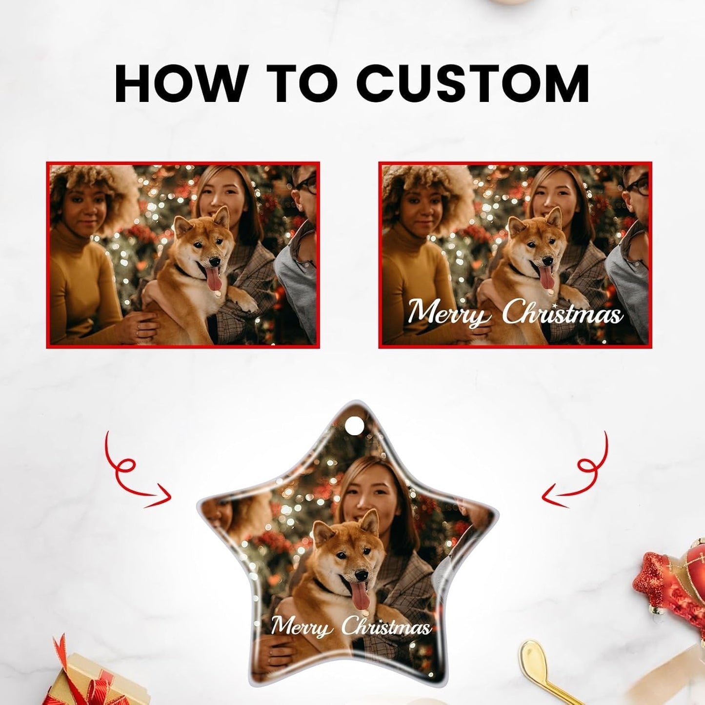 Personalized Christmas Ornaments 2024 Customized with Photo Text Ornament Keepsake Pet First Christmas Ornament Bulk Custom Ceramic Xmas Tree Decorations, Star