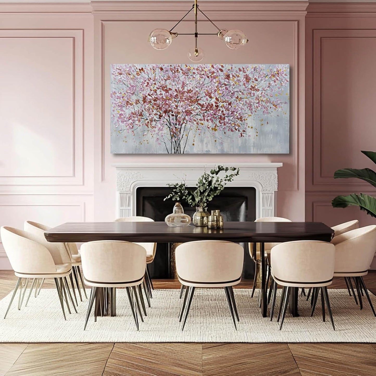 Gold and Pink Canvas Wall Decor Botanical Prints Floral Wall Art Line Painting for Living Room Tree Scenery Picture for Home Hotel 29x58 Inch