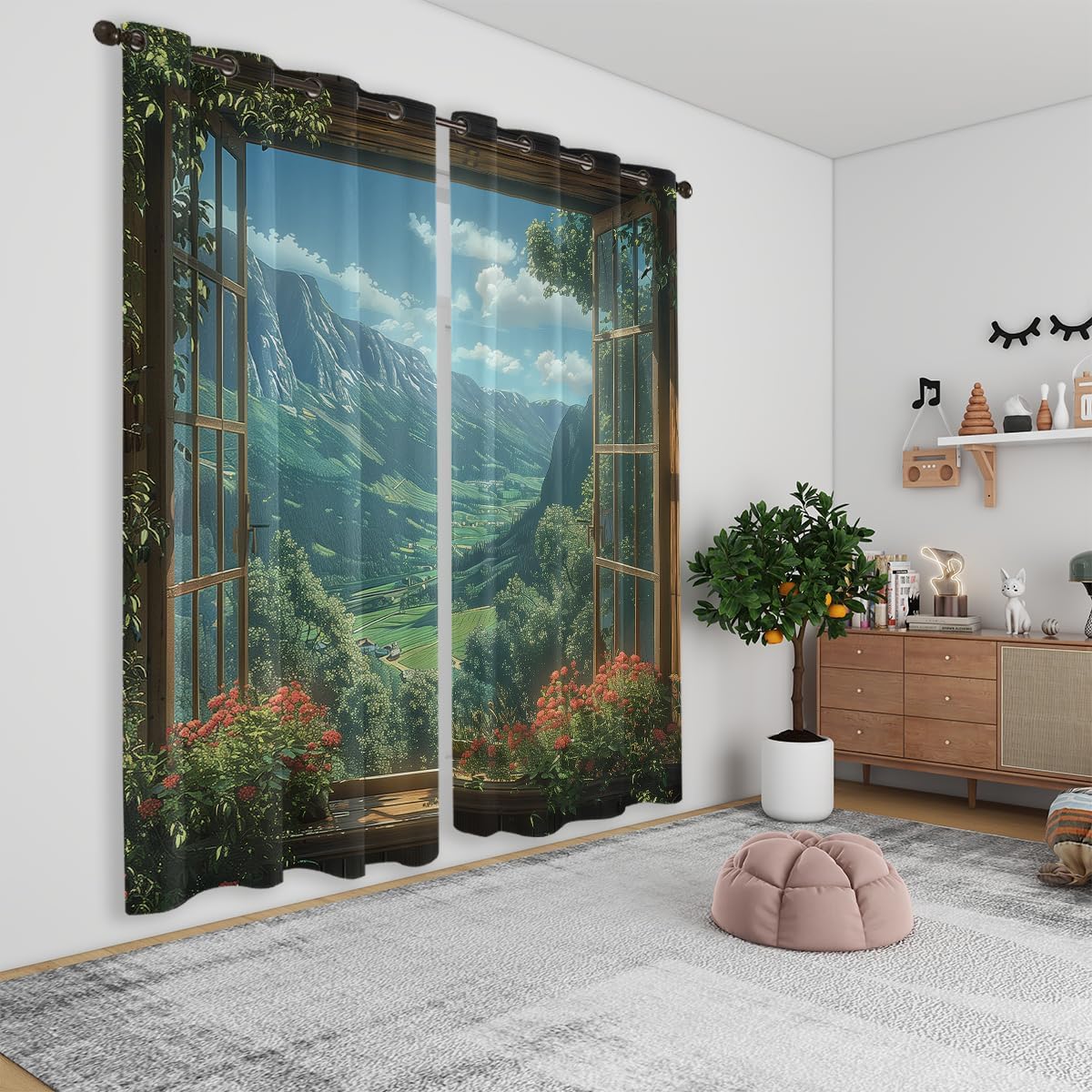 Mountain Blackout Curtains for Girls Boys Teens Home Decor, Spring Sky View Nature Forest Flower Grommet Thermal Insulated Drapes Darkening Window Curtain for Bedroom Living Room, 42 x 63 Inch