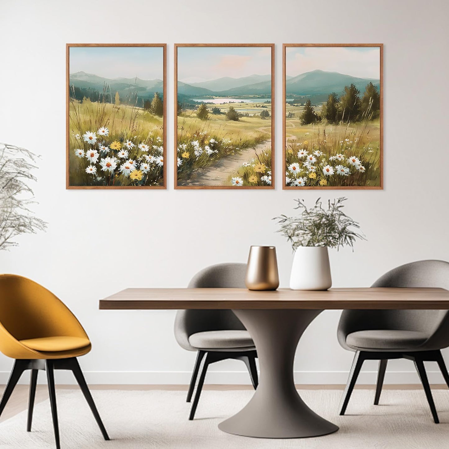 KAIRNE Field Canvas Wall Art,Vintage Landscape Wall Decor,Wildflower Prints Set of 3(16”X24”),Nature Botanical Floral Posters,Rustic Paintings for Kitchen Living Room Bedroom Farmhouse Decor,Framed