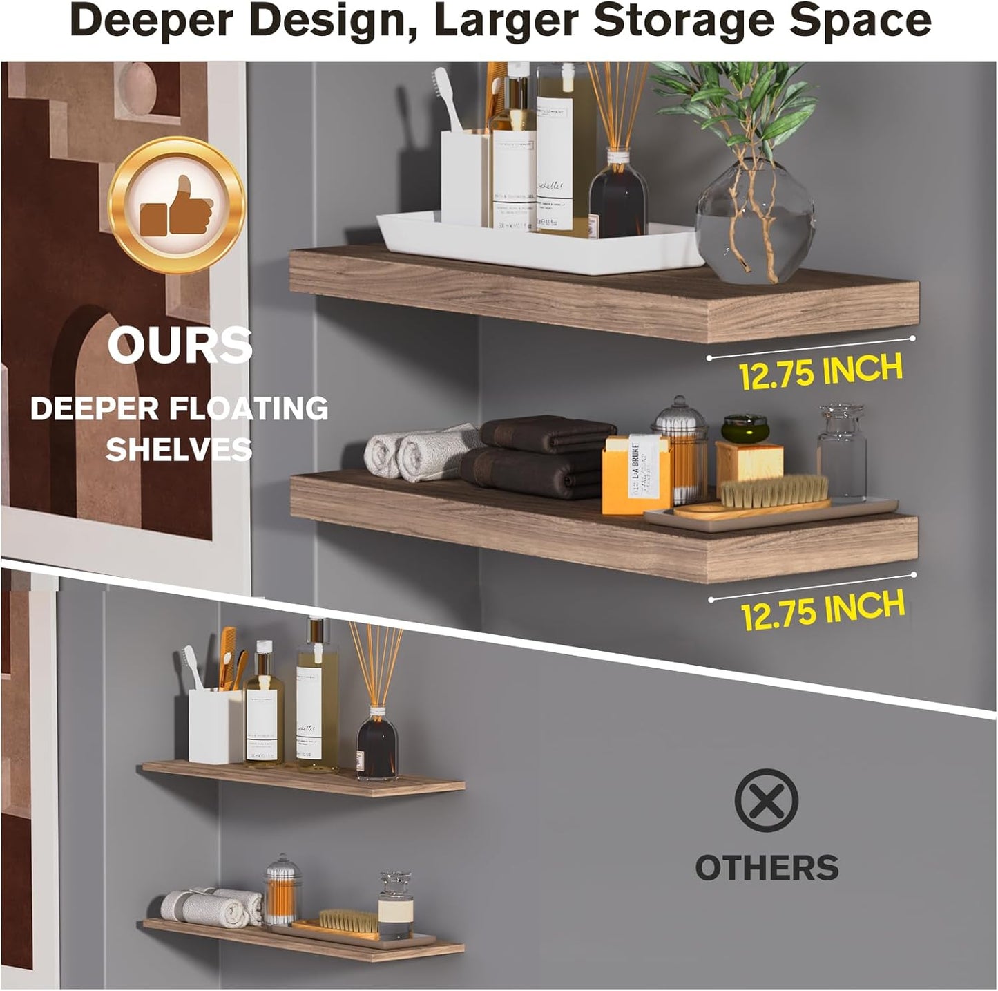 Floating Shelf, Set of 2 Wall Shelf, 30 in W x 12.75 in D x 2 in H Wooden Floating Wall Shelf with Invisible Brackets for Living Room/Bedroom/Bathroom/Kitchen Storage and Decor, Walnut