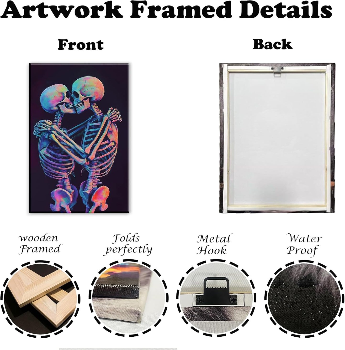 Skeleton Wall Art Kissing Skull Art Poster Skeleton Lover Picture Print On Canvas Abstract Horrible Theme Painting Framed Artwork Living Room Decor(Artwork-3,20"x30")