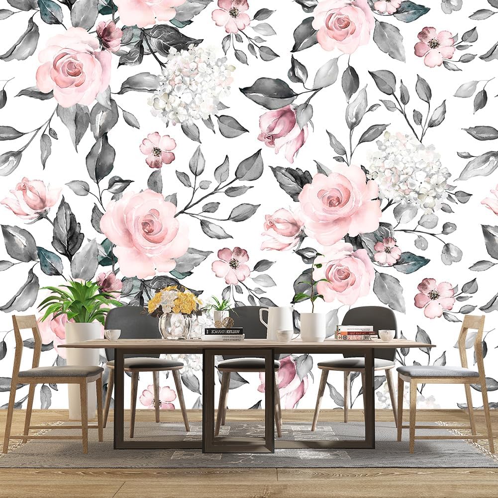 Grey Leaf Pink Flowers Mural Bedroom Floral Wallpaper Room Decor Living Room tv Background Large Wall Mural - 160"x108" (Not Peel and Stick)