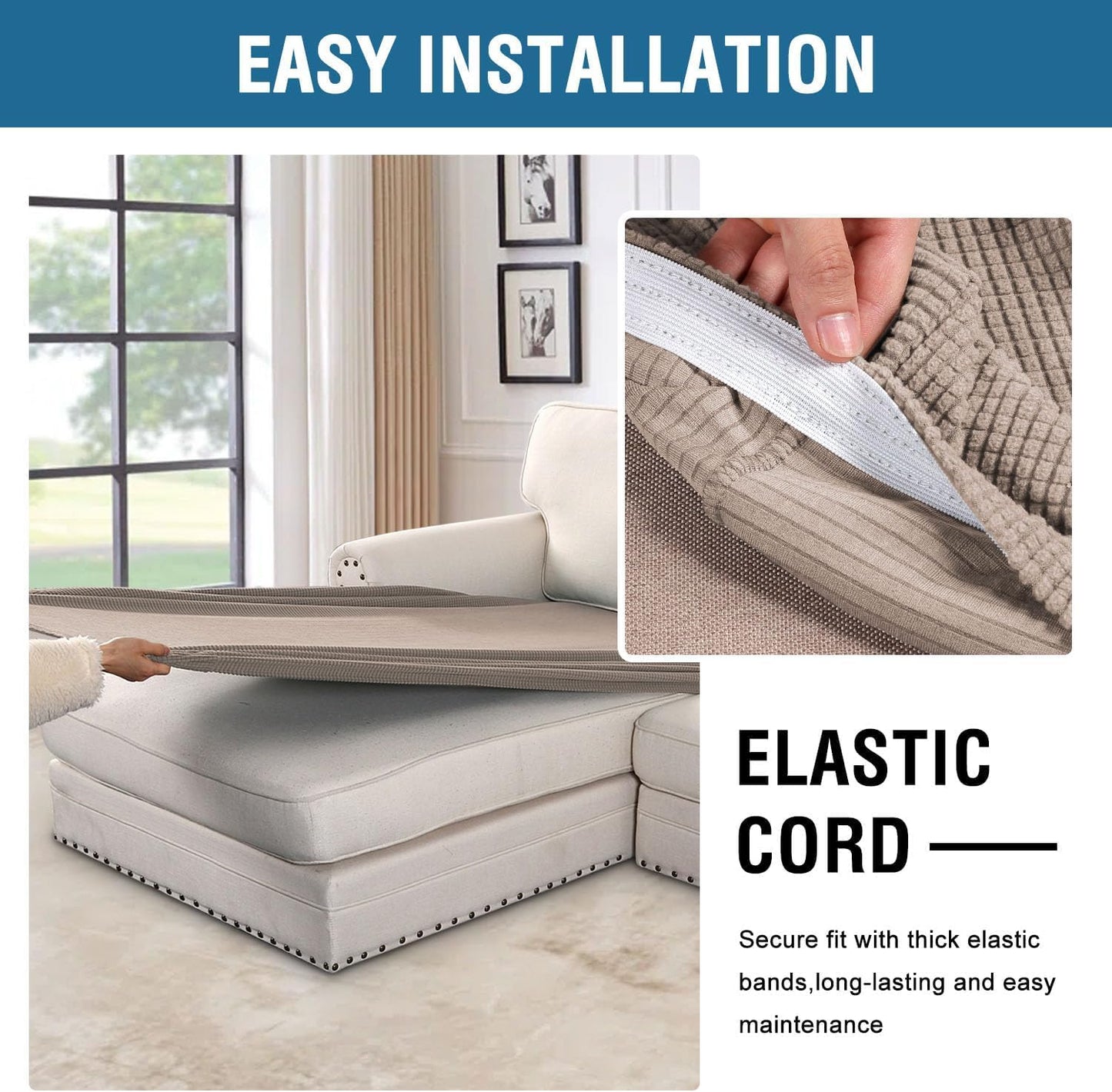 H.VERSAILTEX Super Stretch Individual Chaise Cover Sectional Couch Covers for L Shaped Sofa Both Left/Right Featuring Thick Jacquard Textured Twill Fabric (1 Piece Chaise Cover Large, Sand)