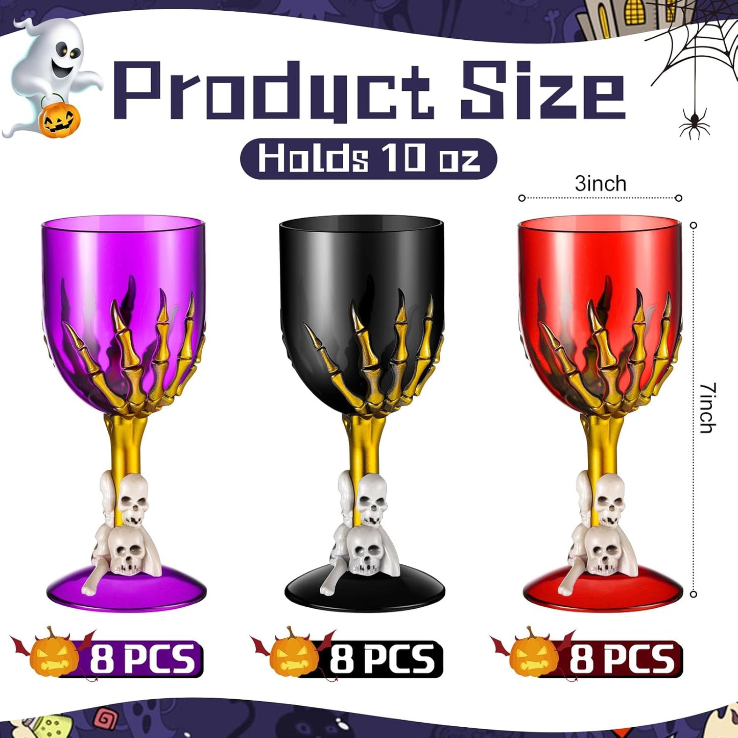 Sliner 24 Pcs Halloween Goblets Skull Wine 10 oz Claw Chalices Medieval Gothic 3D Skull Plastic Goblets Skeleton Hand Drinking Cup for Creepy Spooky Halloween Decorations Party Favor Bar KTV