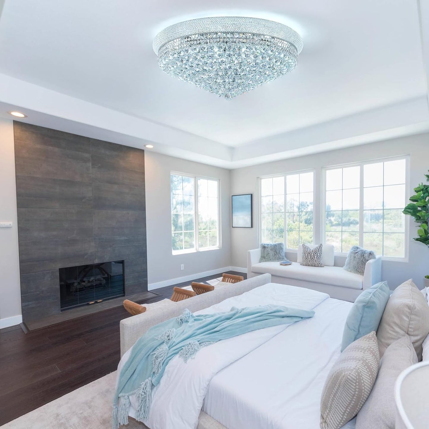 18-Light 32 inch Large Crystal Chandelier Flush Mount Ceiling Light Fixture for Living Room Dining Room Bedroom Foyer Entryway Chrome Finish