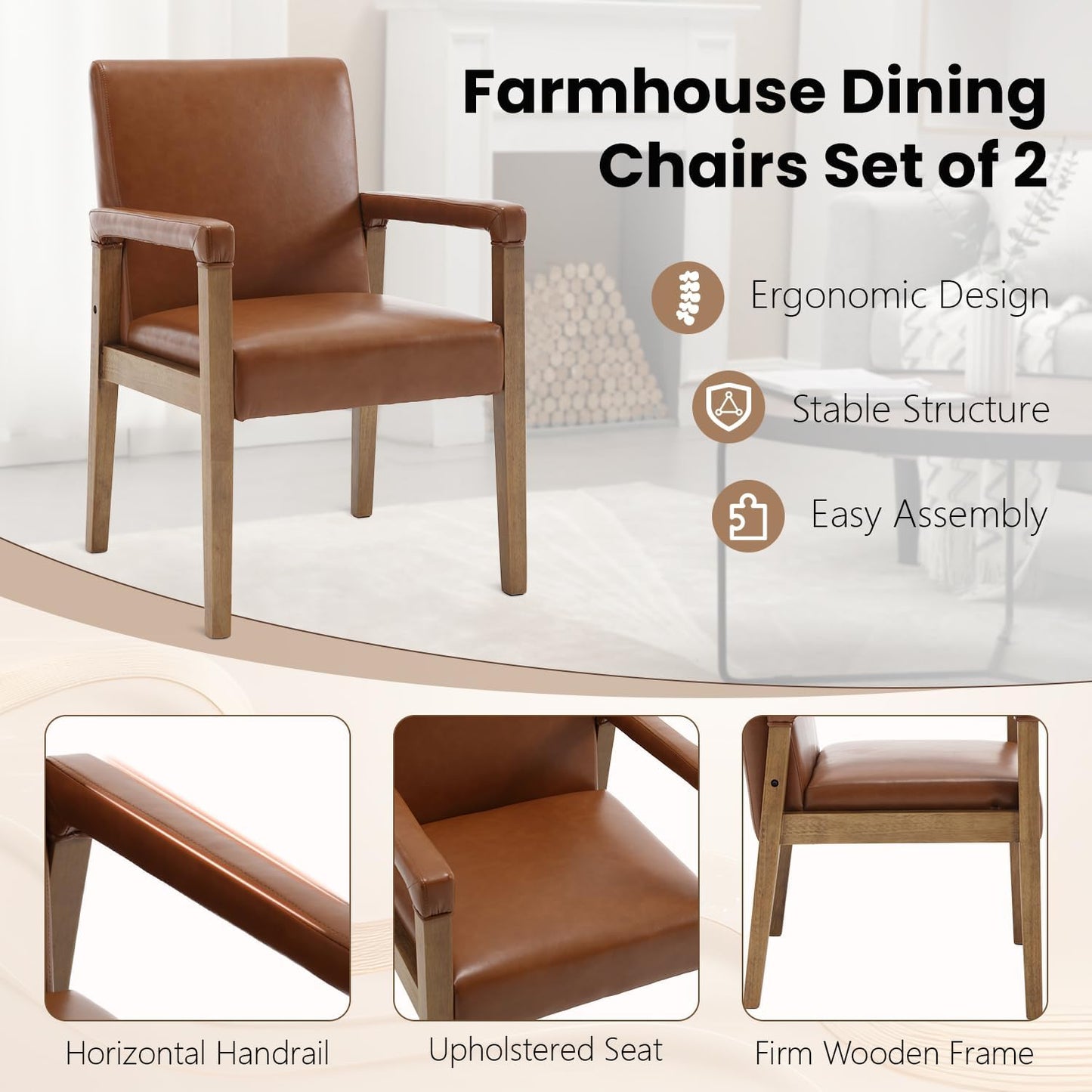 Kmax Modern Dining Chairs Set of 2 Faux Leather Kitchen Arm Chairs Upholstered Accent Chairs with Wooden Legs for Dining Room, Living Room, Bedroom, Brown
