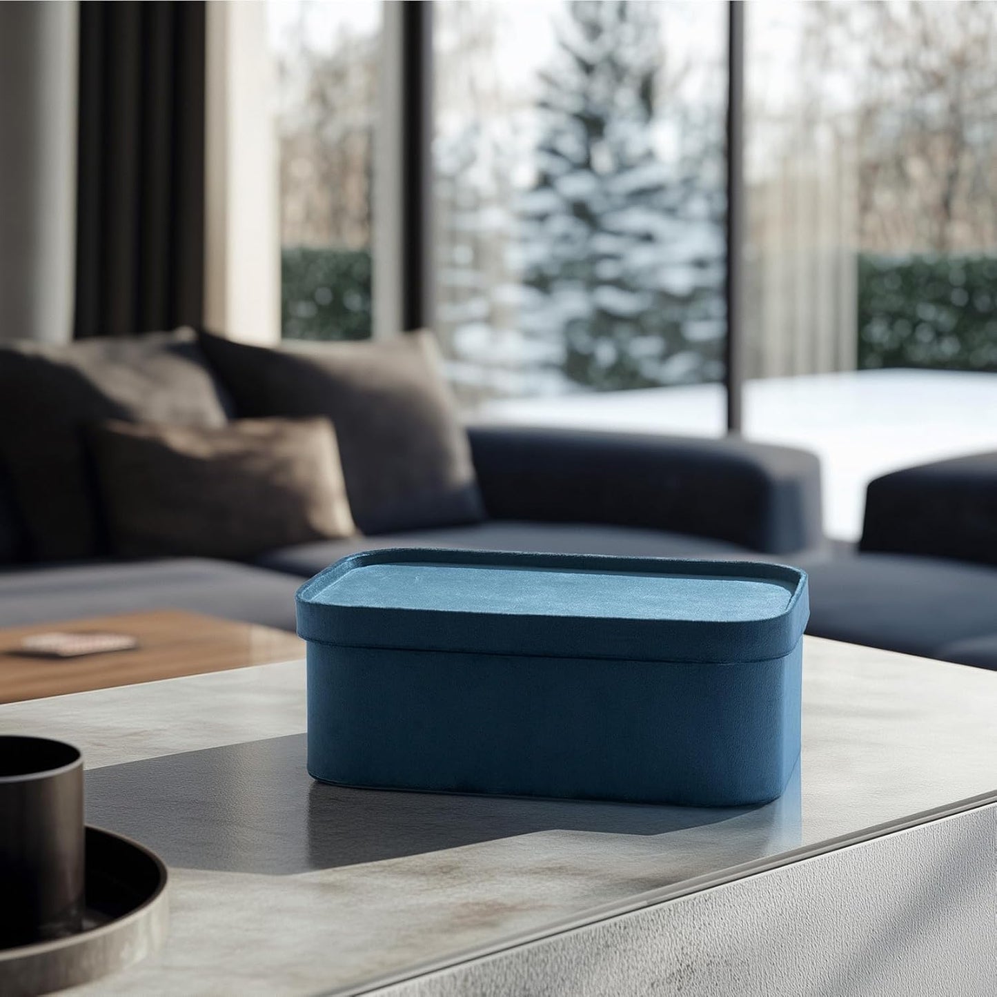 La Jolie Maison Velvet Storage Baskets with Lids, Sturdy Stackable Cardboard Boxes with Decorative Trays, Organizer Bins for Bathroom Bedroom Organizing, Prussian Blue, Set of 3