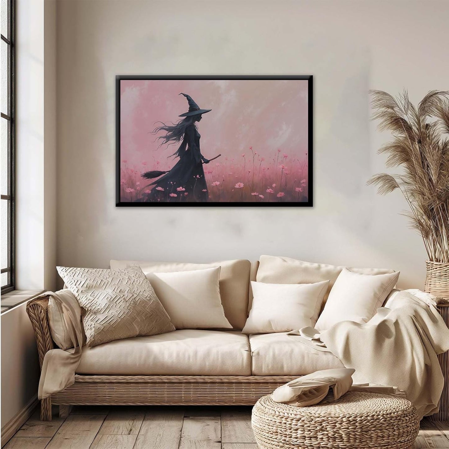 JFHCQJPK Witch in the pink sea of flowers Halloween prints weird flowers wall art silhouette painting fashionable romantic decoration suitable for bedroom20x30in Metal blackFramed