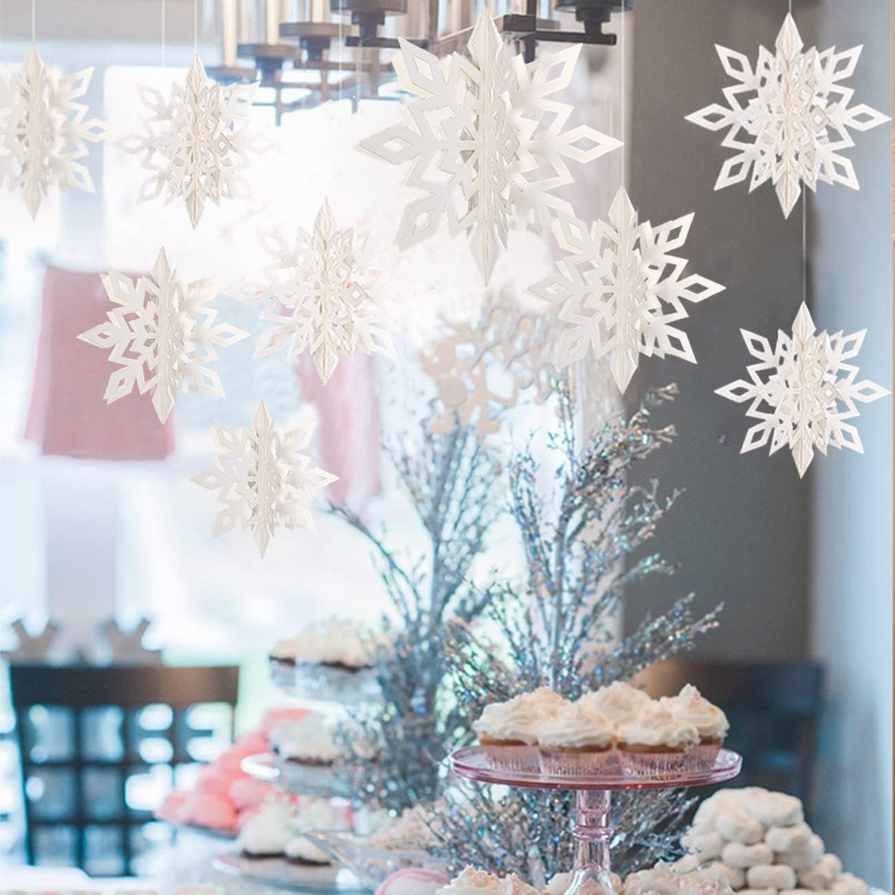 Winter Wonderland Frozen Party Snowflakes Decorations White 12pcs Hanging 3D Paper Snowflakes and Snowflake Garland for Christmas Birthday Party Decorations Supplies