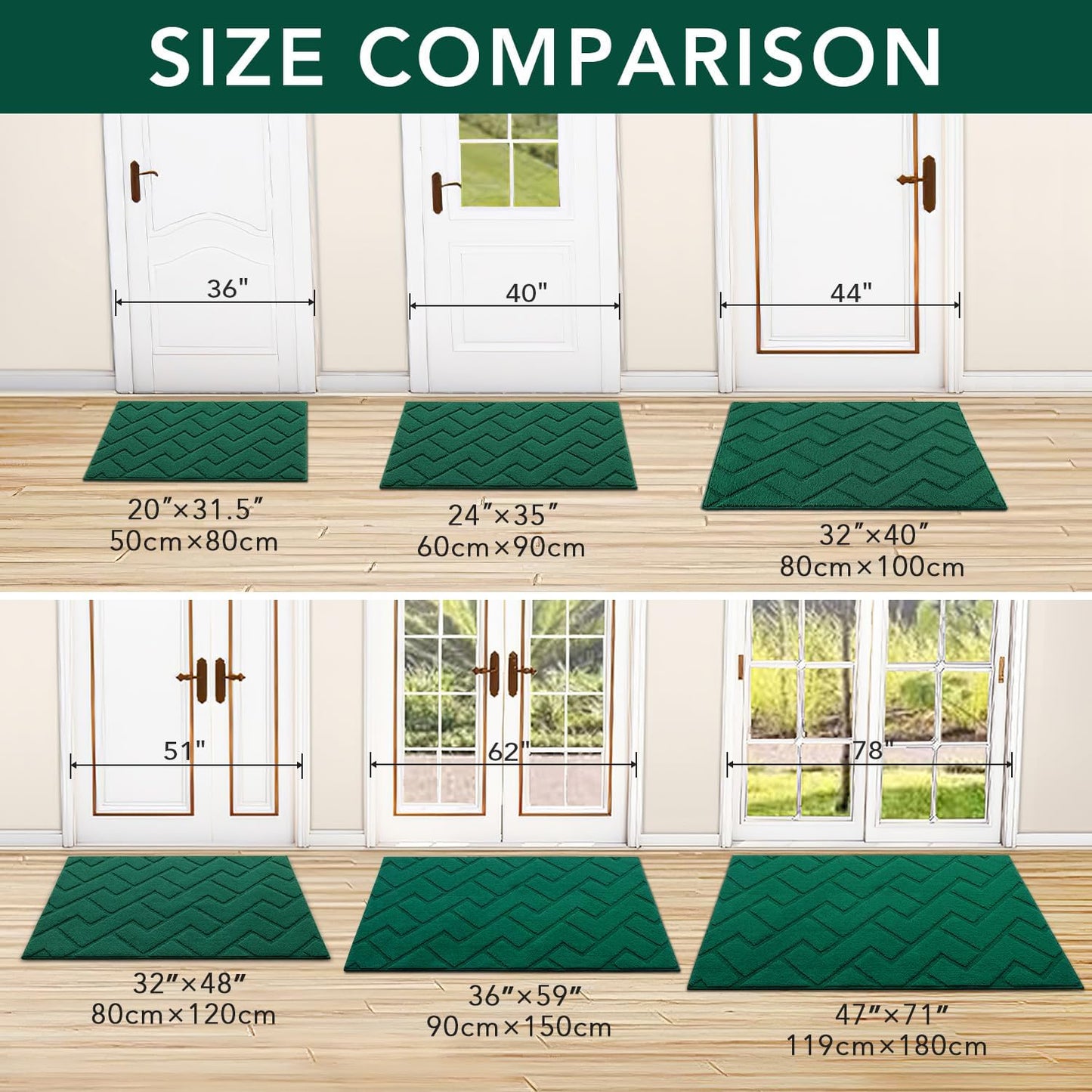 hicorfe Indoor Door Mat,Non Slip Door Mats,32"x48" Front Back Door Mat Rubber Backing,Absorbent Resist Dirt Entrance Inside Floor Mats for Entryway Washable Low-Profile(Evergreen)