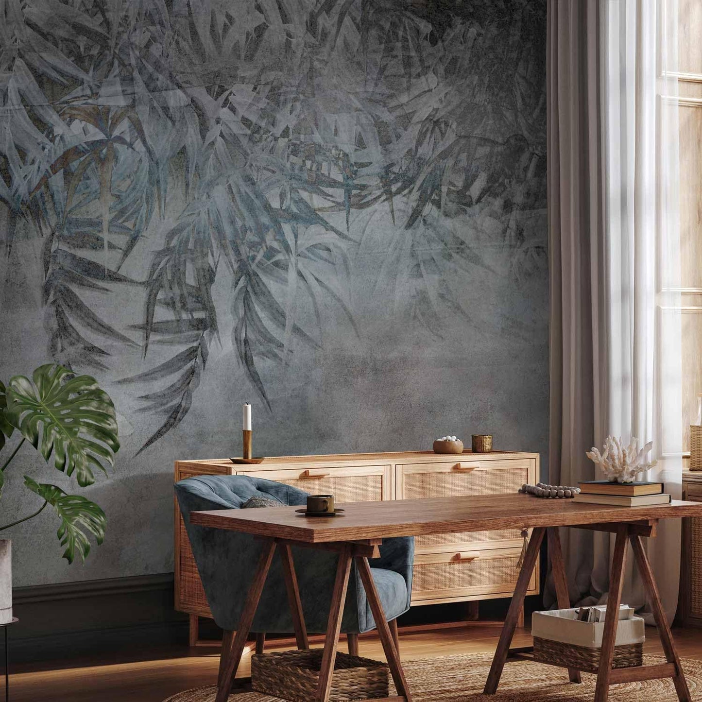 artgeist Premium Wall Mural Leaves 157x110 in - XXL Non-Woven Wallpaper Fleece Wall Decor Photo Print Picture Image Design Palm Leaves Concrete Nature Grey b-C-10103-a-a