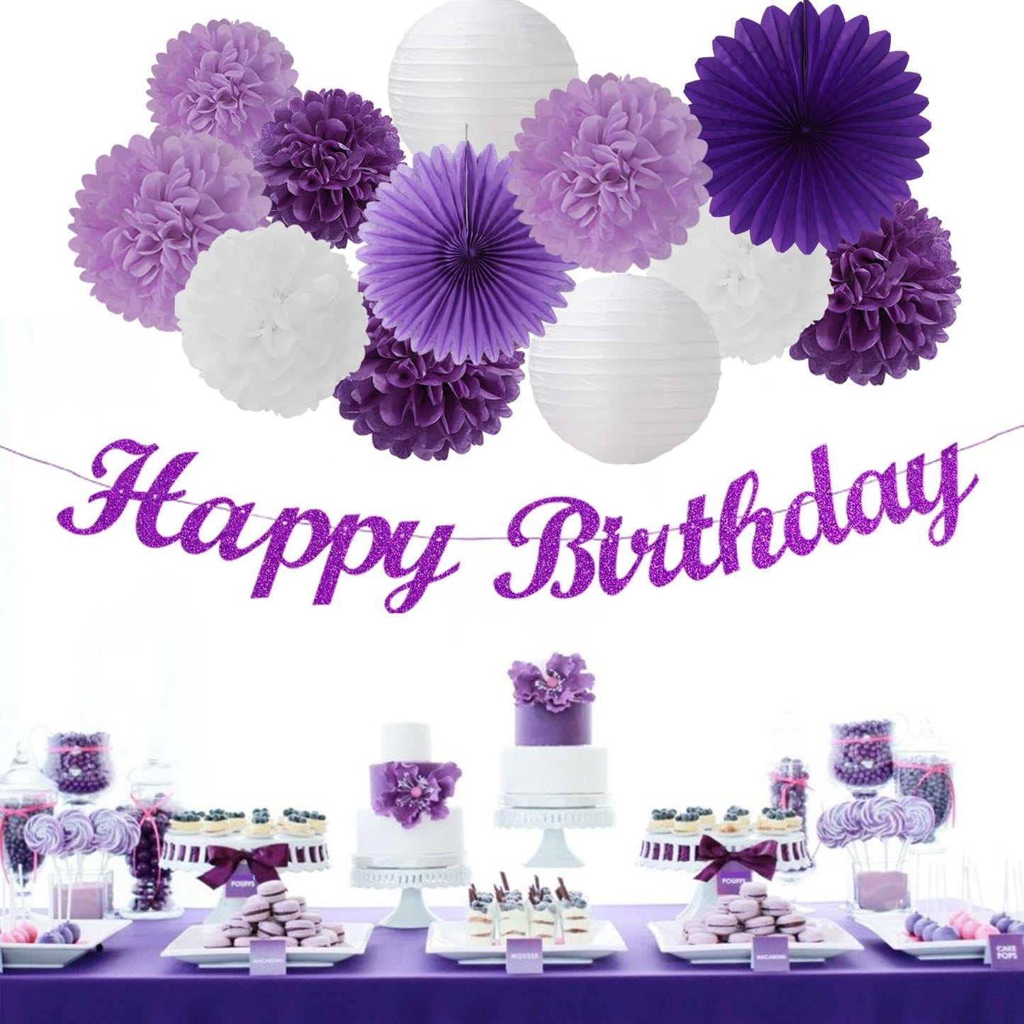 Purple White Birthday Party-Decorations Paper-Flowers - 14pcs Happy Banner Lavender Lanterns Tissue Pom Poms,Lilac Streamers Garland Fans,Women Girls Adult Kids Office Hanging Supplies Decor Hugfond