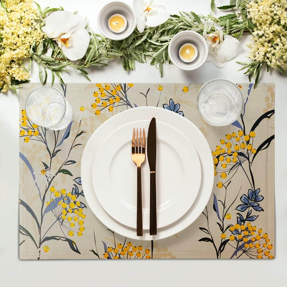 Floral Placemats Set of 4 Vintage Floral Summer Flowers Yellow Placemats for Kitchen Table Linen Placemats Washable Non-Slip Heat Resistant Place Mats for Party Kitchen Dining Decorations 18x12 Inch