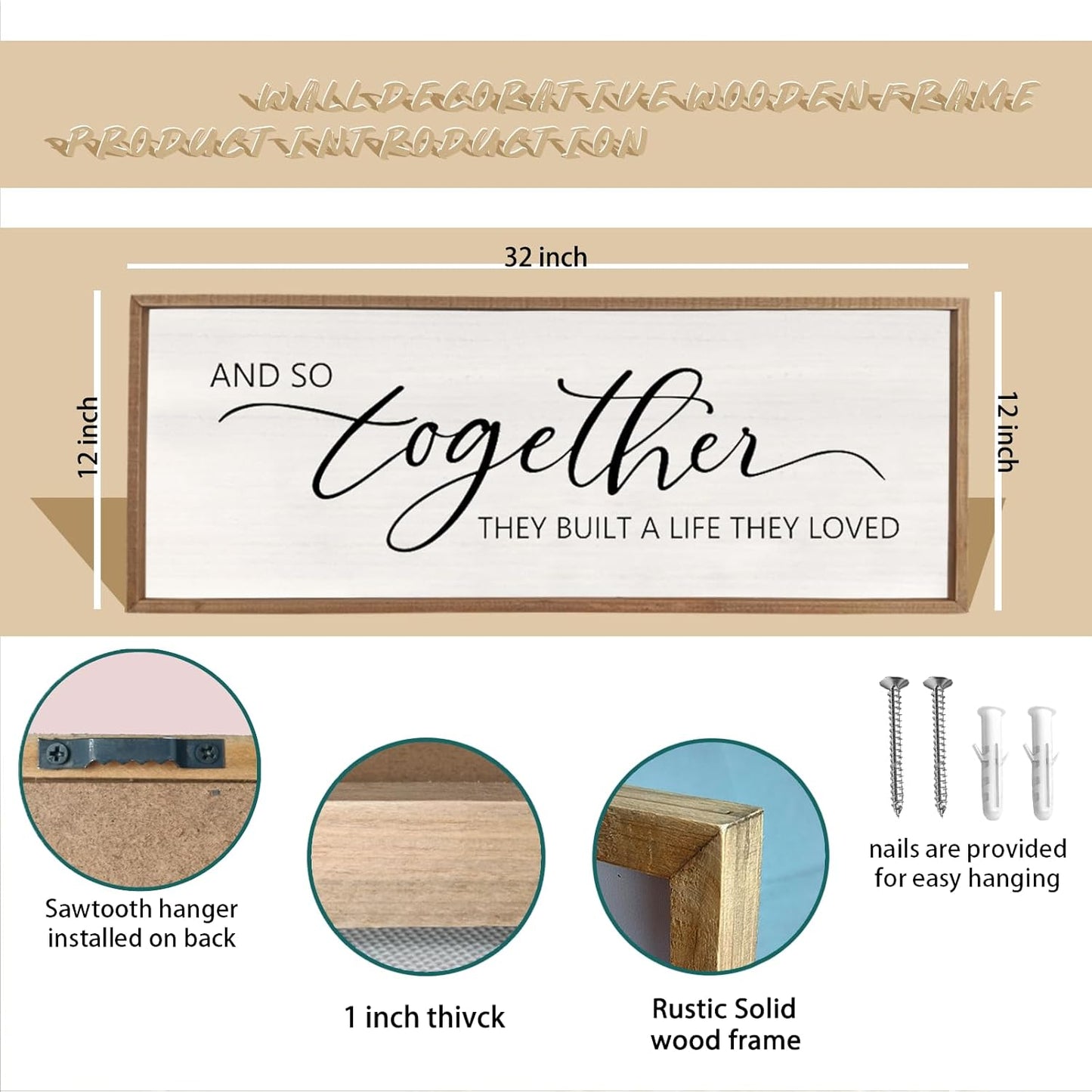 And So Together They Built A Life They Loved Framed Wood Farmhouse Sign - 32'X12' Master Bedroom Above Bed Wall Art for Love Sign Decor