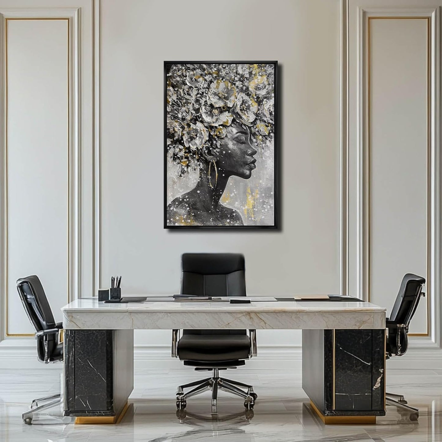 MLART99 Gold African American Wall Art Black Woman Wall Decor with Frame Vertical Floral Canvas Painting Modern Print Bedroom Living Room Decor 24x36 Inch