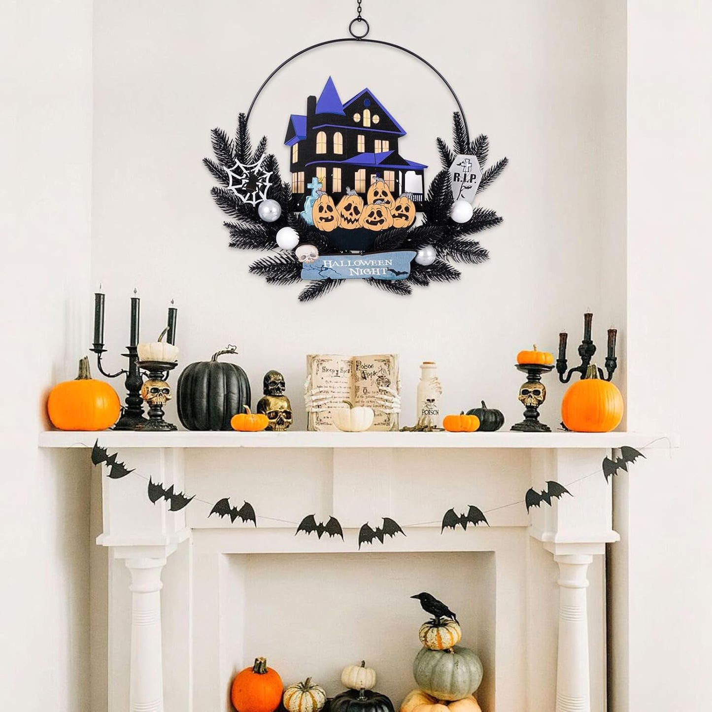 Lighted Halloween Wreaths for Front Door, Welcome Metal Wooden Door Wreath Decor Hanging Sign, 30 LED Lighted Wall Decor Battery Operated for Halloween Indoor Outdoor (Pumpkin)